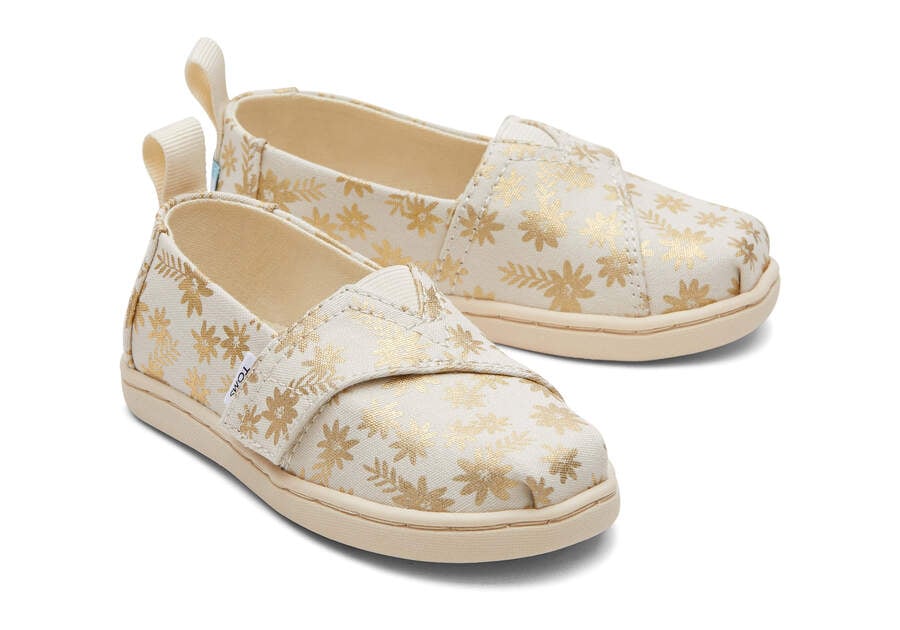 Toms Tiny Alpargata Gold Foil Floral Blooms スリップオン キッズ ベージュ ゴールド | Toms アウトレット店舗 06TMKWGYS