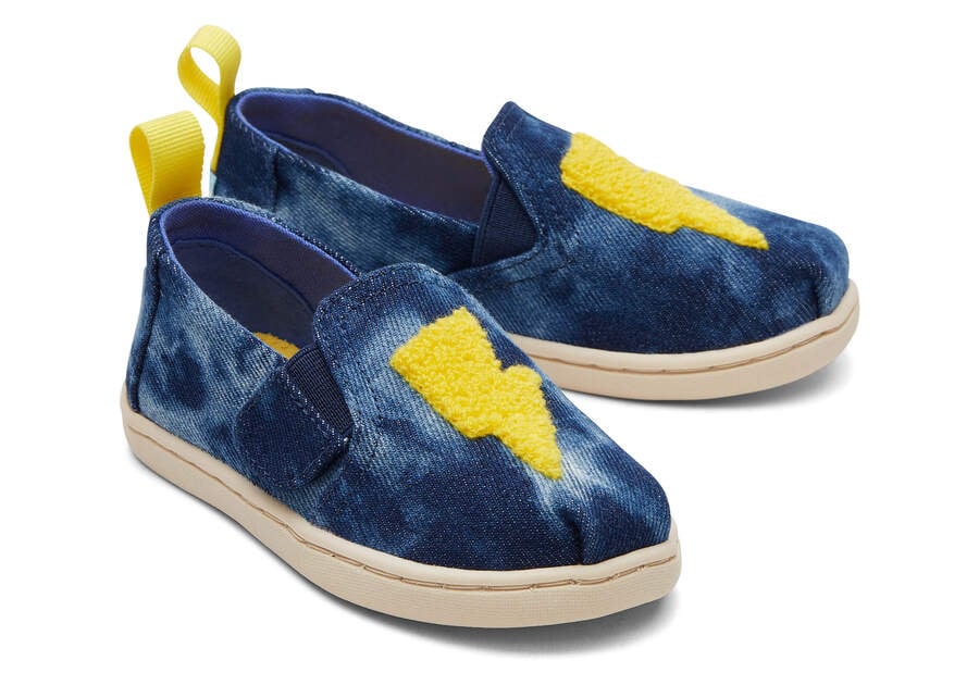 Toms Tiny Alpargata Twin Gore Washed Denim Ligthning Bolt スリップオン キッズ ネイビー 青 | Toms アウトレット店舗 45PJOMYWA