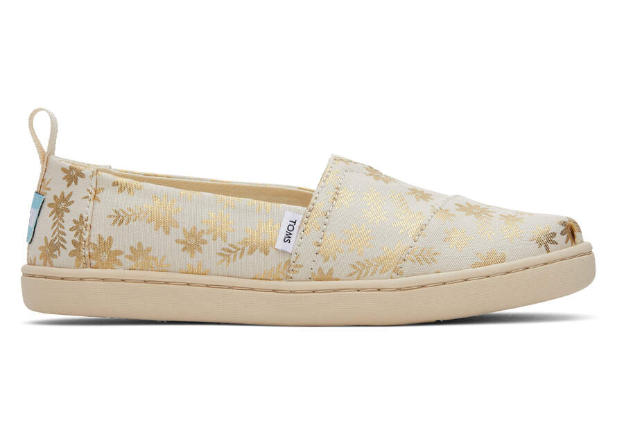 Toms Youth Alpargata Gold Foil Floral Blooms スリップオン キッズ ベージュ ゴールド | Toms アウトレット店舗 18LDOHUIK